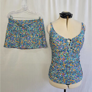 Sunsets 2 Piece Swim Set Tankini Top 38D Skirt Bottom 16 Multi Color Floral NWT